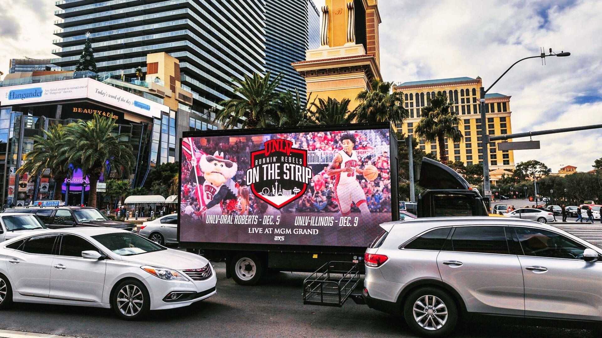 Mobile billboard advertising UNLV event on Las Vegas Strip