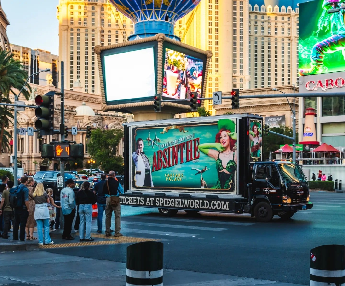 Mobile billboard advertising show on Las Vegas street.