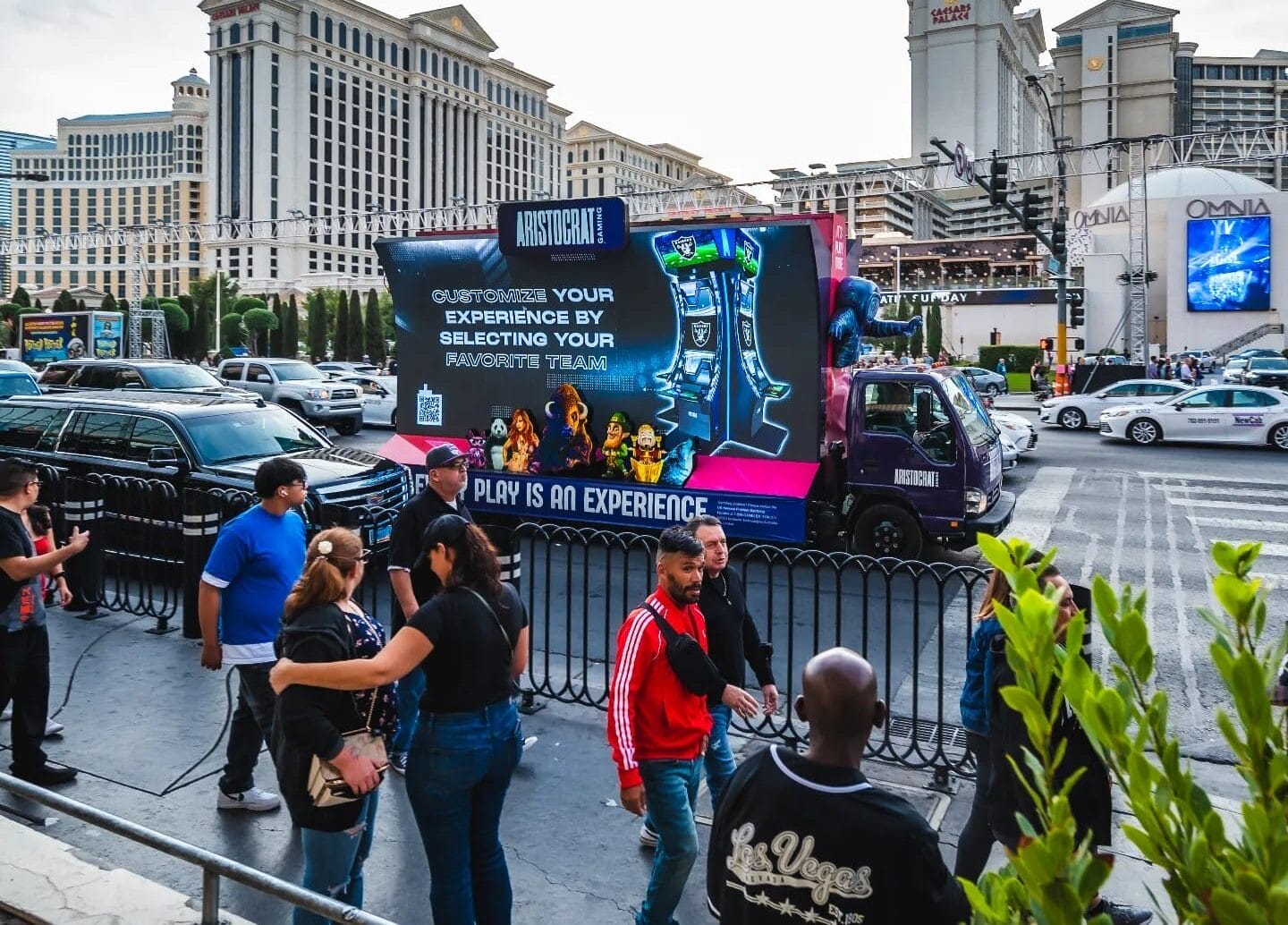 Mobile billboard truck advertising near Las Vegas Strip.
