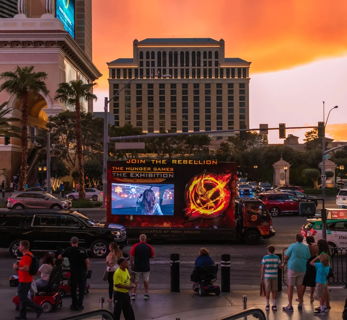 Sunset at Las Vegas Strip, Hunger Games exhibition billboard.