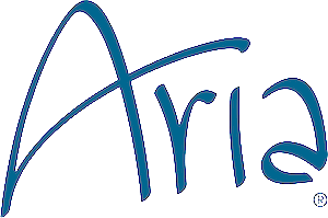 Aria Resort & Casino Aria logo with stylish blue script font