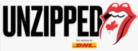 Rolling Stones Exhibit Unzipped banner with Rolling Stones logo and Canadian leaf
