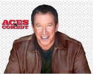 Tim Allen Smiling man in leather jacket, Aces Comedy logo backdrop