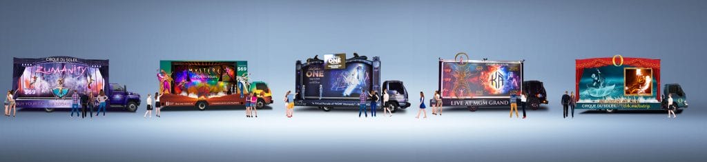 Line of colorful promotional billboard trucks for Cirque du Soleil shows in las Vegas